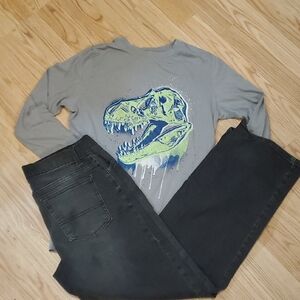 2 pc Set Cat & Jack Dino Graphic Tee L 12/14 Wonder Nation Relaxed  Jeans 12